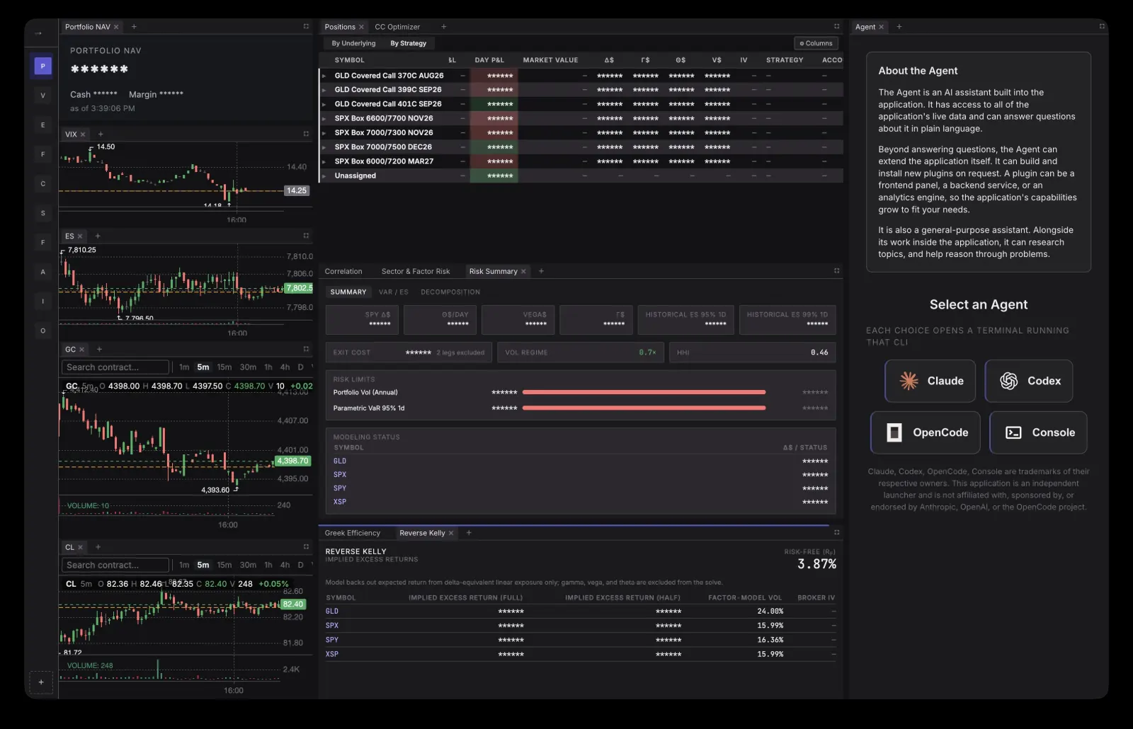 Portfolio risk view with options positions grouped by strategy, dollar Greeks, VaR and expected shortfall, and an AI agent picker